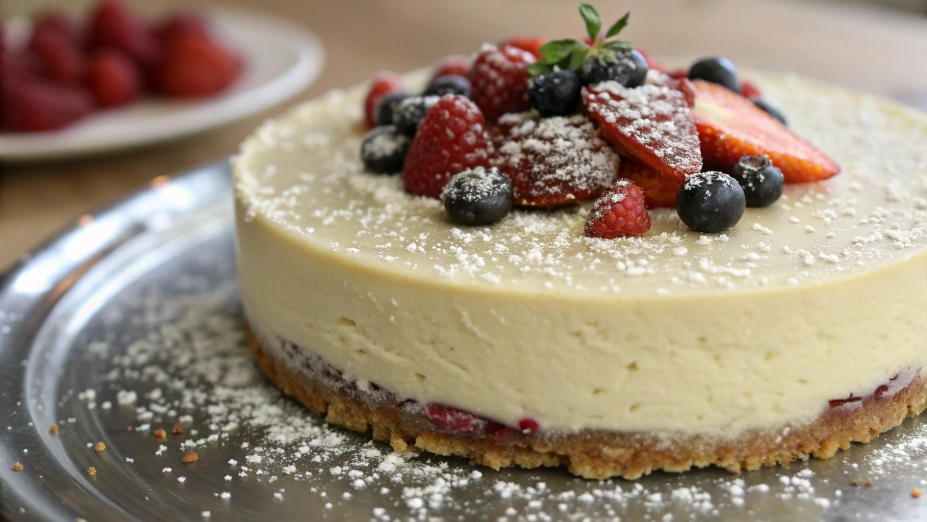 A creamy cheesecake topped with fresh berries, including strawberries, raspberries, and blueberries, dusted with powdered sugar, placed on a silver serving platter.