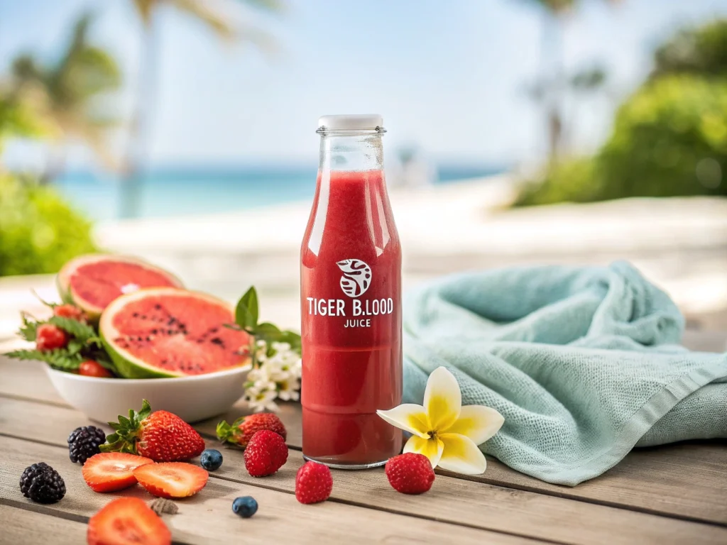 A chilled glass of tropical fruit juice served on a wooden picnic table.