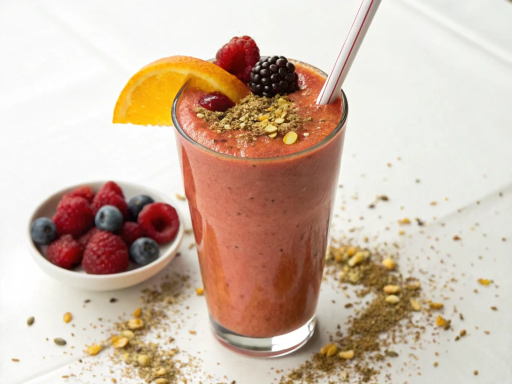 A fruit smoothie variation of the Tiger Blood Juice with coconut flakes.