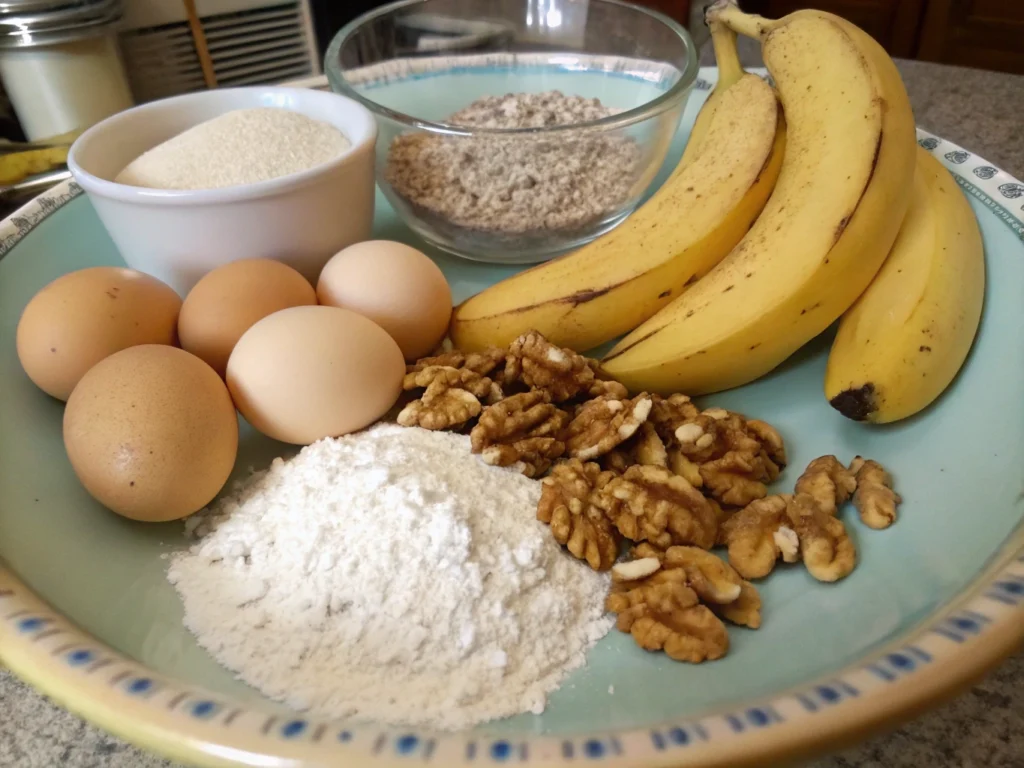Banana bread ingredients placed on a wooden table, ready for baking.
